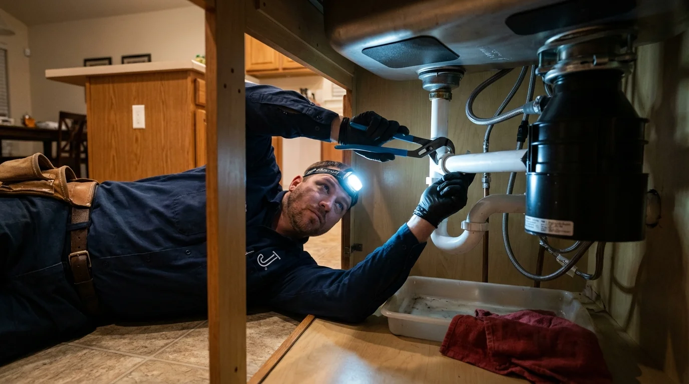 P-trap and supply line connections under a kitchen sink showing a common leak point in Harrisburg, PA
